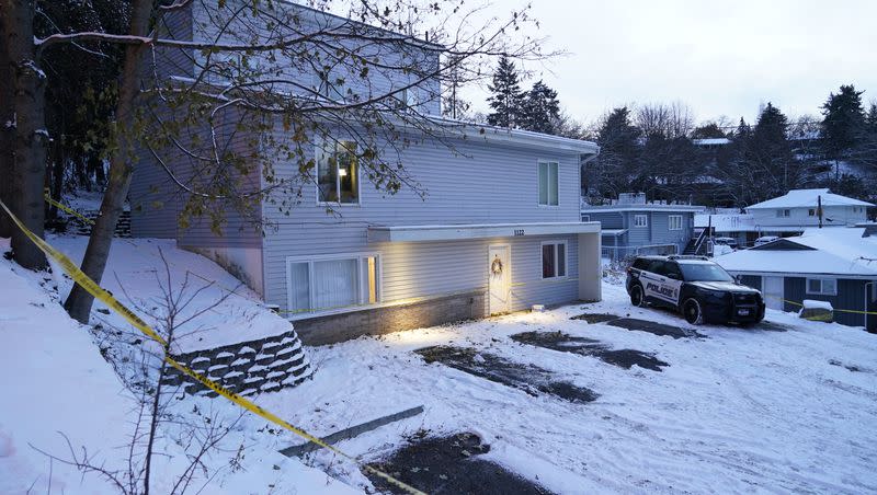 Bare spots are seen on Nov. 29, 2022, in the snowy parking lot in front of the home where four University of Idaho students were found dead on Nov. 13, 2022, in Moscow, Idaho, after vehicles belonging to the victims and others were towed away earlier in the day. The defense team for a man accused of killing four University of Idaho students has been given access to the off-campus home where the deaths occurred so they can gather photos, measurements and other documentation before the house is demolished later this month.