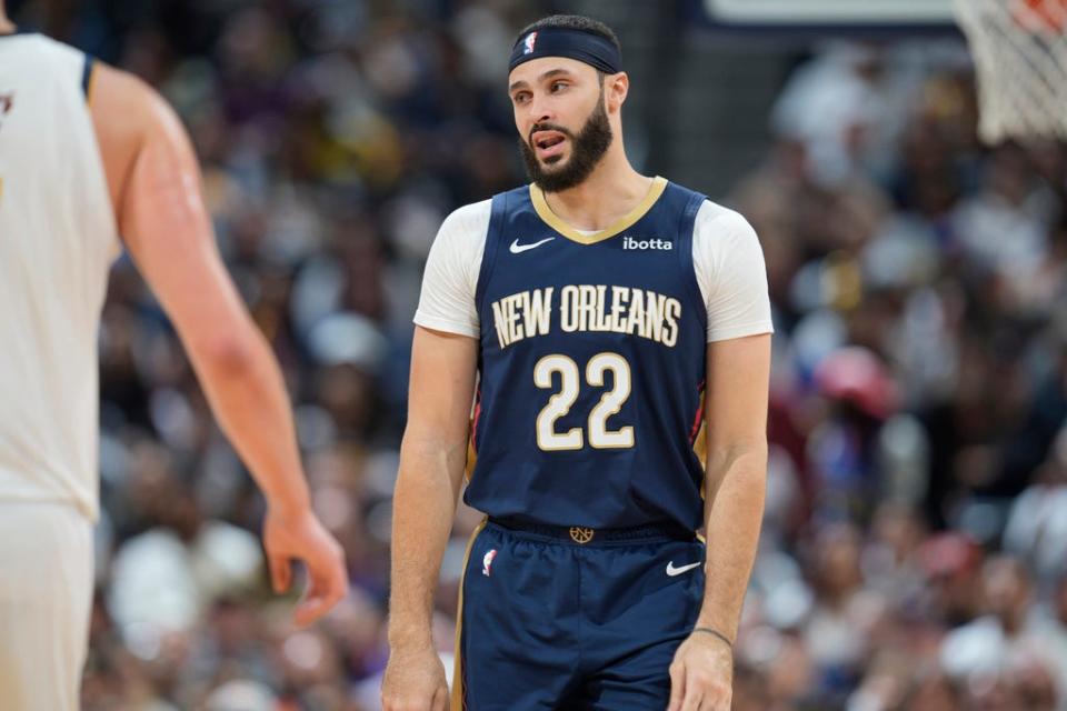 New Orleans Pelicans forward Larry Nance Jr. (22) in the second half of an NBA basketball game on Monday, Nov. 6, 2023, in Denver. (AP Photo/David Zalubowski)