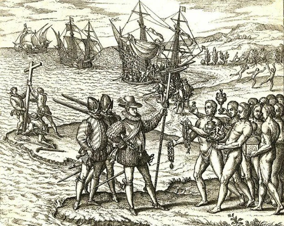 This 16th century engraving shows Christopher Columbus landing in the Americas, where he and his explorers deemed the Indigenous people there as ‘primitive,’ as they had no writing system. <a href="https://commons.wikimedia.org/wiki/File:Columbus_landing_on_Hispaniola.JPG" rel="nofollow noopener" target="_blank" data-ylk="slk:Theodor de Bry/Wikimedia Commons;elm:context_link;itc:0" class="link ">Theodor de Bry/Wikimedia Commons</a>
