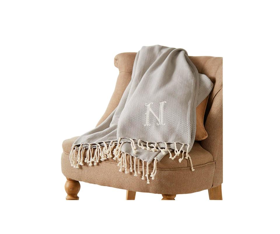 Herringbone Initial T Throw Blanket With Fringe