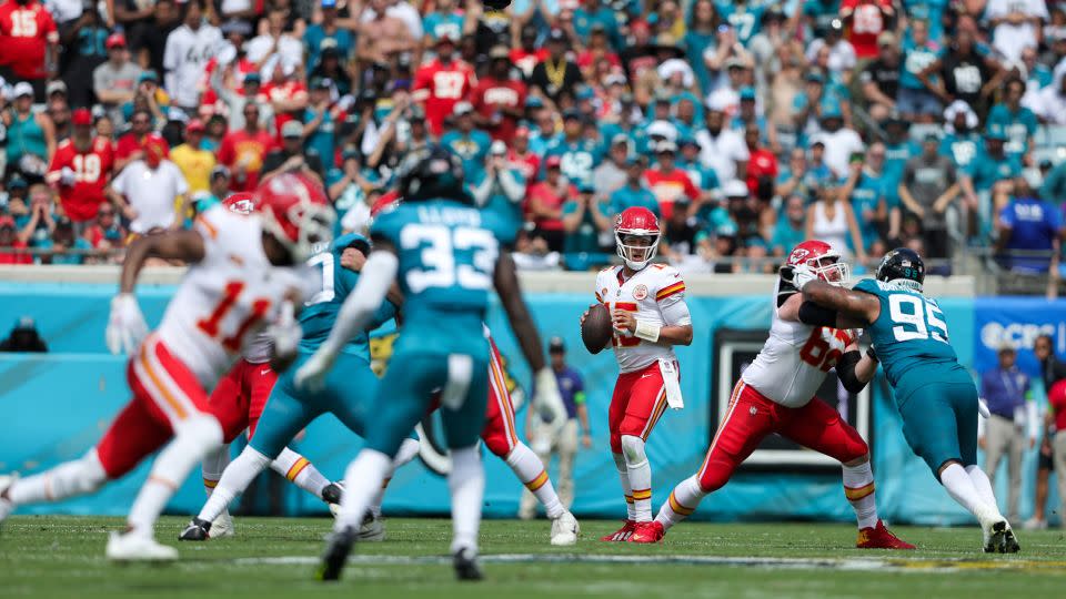 Mahomes drops back to pass against the Jacksonville Jaguars in the second quarter. - Nathan Ray Seebeck/USA TODAY Sports/Reuters