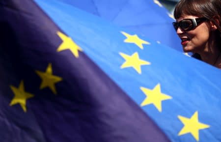 An Anti-Brexit protester demonstrates outside the Houses of Parliament in London