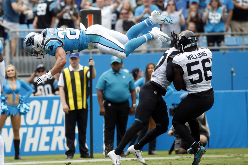 Carolina Panthers running back Christian McCaffrey (22) dives into the end zone for a touchdown during the first half of an NFL football game against the Jacksonville Jaguars in Charlotte, N.C., Sunday, Oct. 6, 2019. (AP Photo/Brian Blanco)