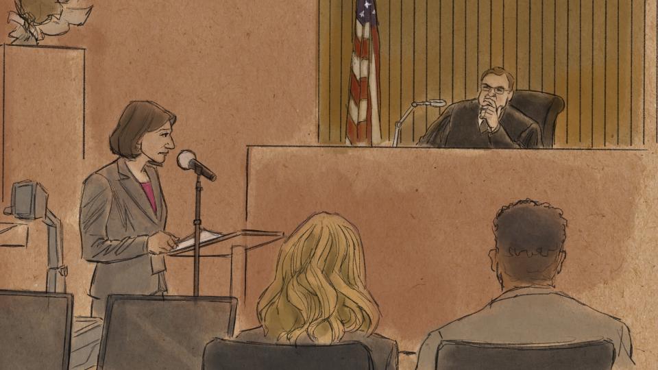 In this courtroom sketch, Samantha Bates, assistant U.S. attorney, makes opening arguments during the trial for three former Minneapolis police officers charged with violating George Floyd's civil rights before U.S. District Judge Magnuson on Monday, Jan. 24, 2022, in St. Paul, Minn. Floyd was killed May 25, 2020, when Officer Derek Chauvin pressed his knee against Floyd's neck as Floyd, who was handcuffed, said he couldn't breathe. (Cedric Hohnstadt via AP)