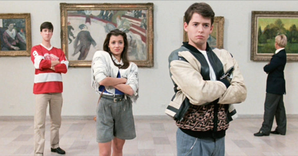 LOS ANGELES - JUNE 11: The movie "Ferris Bueller's Day Off", written and directed by John Hughes. Seen here from left, Alan Ruck as Cameron Frye, Mia Sara as Sloane Peterson and Matthew Broderick as Ferris Bueller in the Art Institute of Chicago. Initial theatrical release June 11, 1986.  Screen capture. Paramount Pictures. (Photo by CBS via Getty Images) 