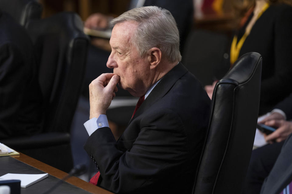 Chairman of the Senate Judiciary Committee Sen. Dick Durbin, D-Ill., listens as Supreme Court nominee Ketanji Brown Jackson speaks during her confirmation hearing before the Senate Judiciary Committee, Tuesday, March 22, 2022, in Washington. (AP Photo/Evan Vucci)