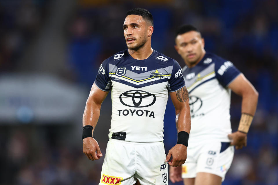 GOLD COAST, AUSTRALIA – MAY 12: Valentine Holmes of the Cowboys looks on during the round 10 NRL match between the Gold Coast Titans and the North Queensland Cowboys at Cbus Super Stadium on May 12, 2024 in Gold Coast, Australia. (Photo by Chris Hyde/Getty Images)