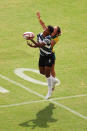 <p>Rusila Nagasau of Team Fiji takes a high ball under pressure from Rafaela Zanellato of Team Brazil in the Women’s pool B match between Team Fiji and Team Brazil during the Rugby Sevens on day seven of the Tokyo 2020 Olympic Games at Tokyo Stadium on July 30, 2021 in Chofu, Tokyo, Japan. (Photo by Dan Mullan/Getty Images)</p> 