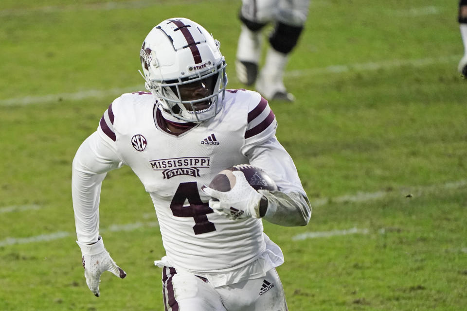 Mississippi State wide receiver Malik Heath runs with a reception for a first down during the second half of the team's NCAA college football game against Mississippi, Saturday, Nov. 28, 2020, in Oxford, Miss. Mississippi won 31-24. (AP Photo/Rogelio V. Solis)