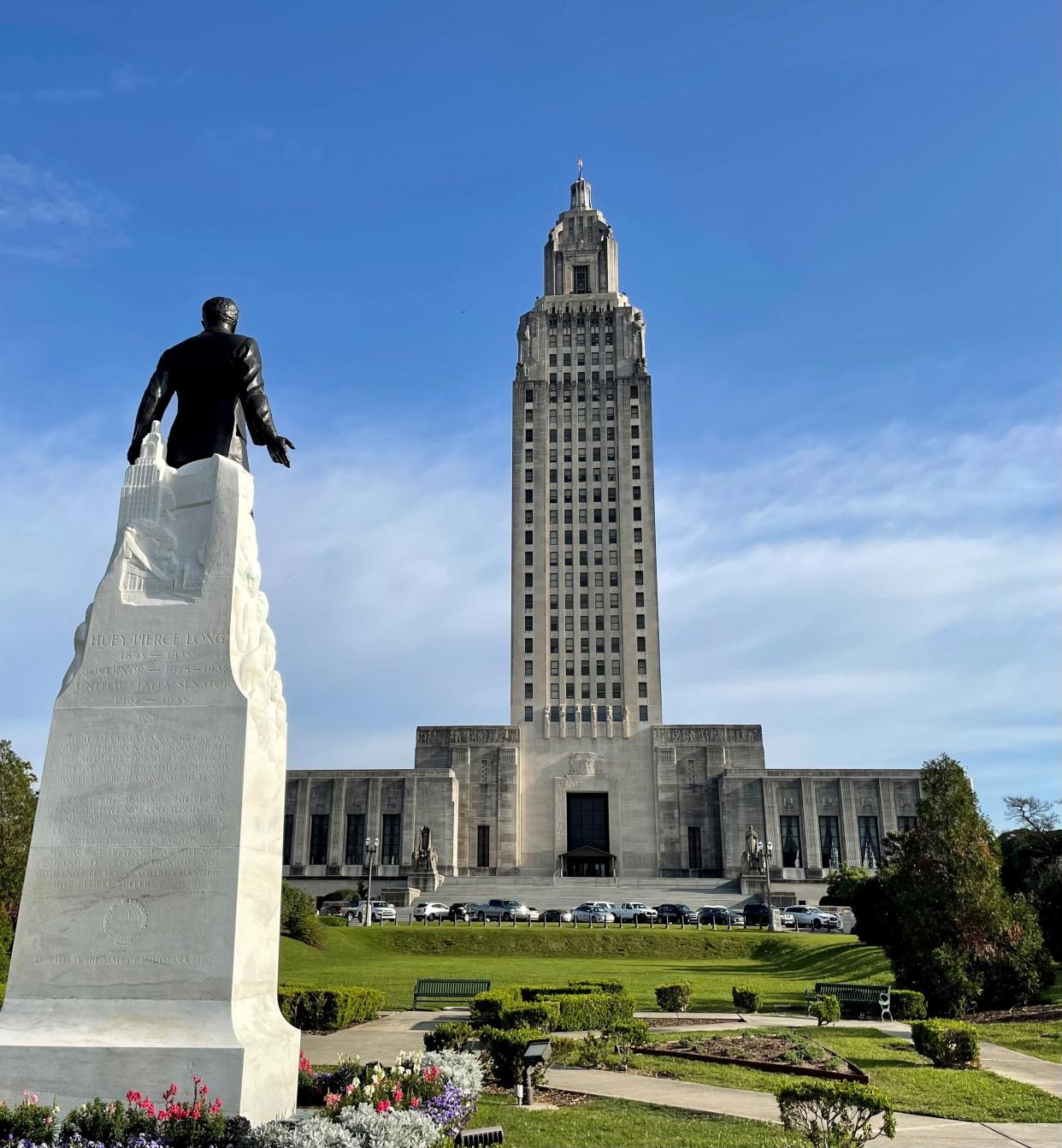 The statue of former Gov. Huey Long overlooks the Louisiana State Capitol that he built. Pictured here Spring 2023.