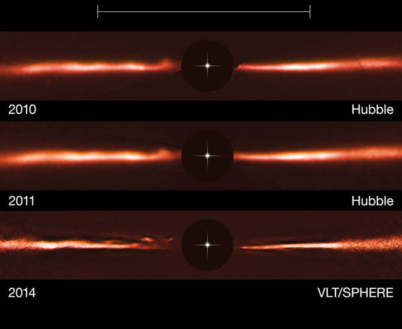 Researchers have spotted strange, fast-traveling ripples speeding around the disk of dust surrounding the young star AU Microscopii. Images from the Hubble Space Telescope and ESA's Very Large Telescope show the ripples' movement over the cours