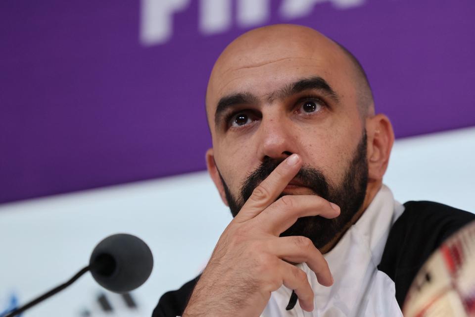 Morocco's coach Walid Regragui gives a press conference at the Qatar National Convention Center (QNCC) in Doha on December 16, 2022, on the eve of the Qatar 2022 World Cup third place football match between Croatia and Morocco. (Photo by KARIM JAAFAR / AFP) (Photo by KARIM JAAFAR/AFP via Getty Images)