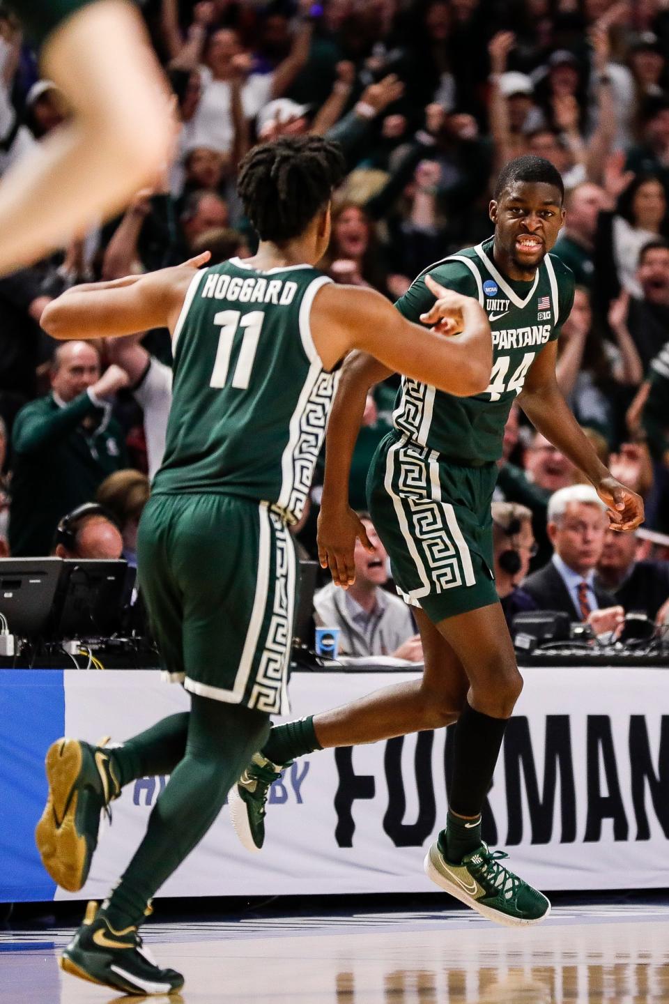 Michigan State forward Gabe Brown (44) celebrates a three point basket against Duke during the first half of the second round of the NCAA tournament at the Bon Secours Wellness Arena in Greenville, S.C..