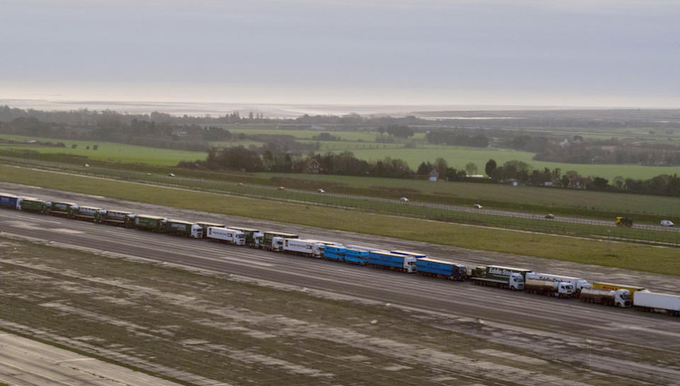 Lorries parked in a queue during a trial at the former Manston Airport site in Kent of a government plan to hold lorries there in the event of post-Brexit disruption at the channel ports (Picture: PA)