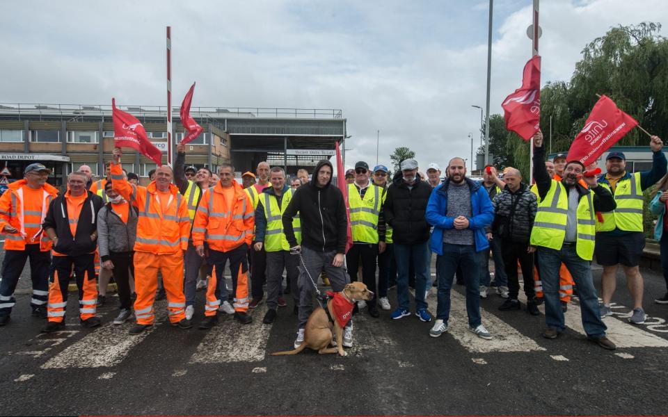 Refuse workers form a picket line at the main refuse depot in London as members of the UNITE trade union strike against their employers - Guy Smallman/Getty Images Europe