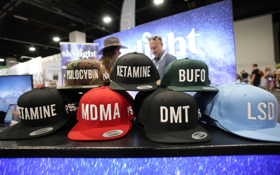 Exhibitor displays goods at the Psychedelic Science conference in the Colorado Convention Center Wednesday, June 21, 2023, in Denver. (AP Photo/David Zalubowski)