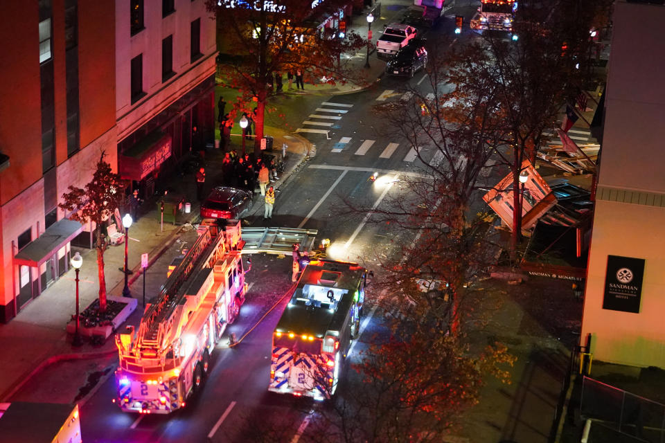 First responders work the scene after an explosion at the Sandman Signature hotel, Monday, Jan. 8, 2024, in Fort Worth, Texas. (AP Photo/Julio Cortez)