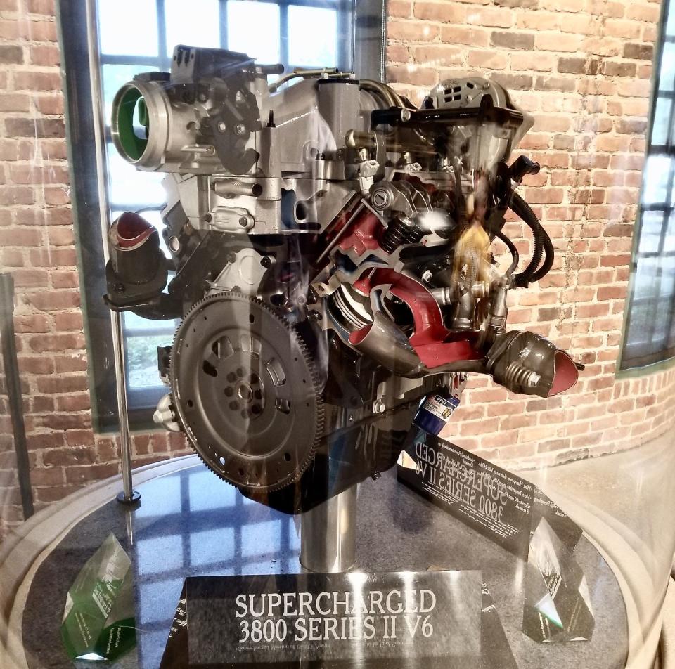 gm 3800 series ii supercharged v6 displayed in glass cabinet at gm factory one in flint michigan