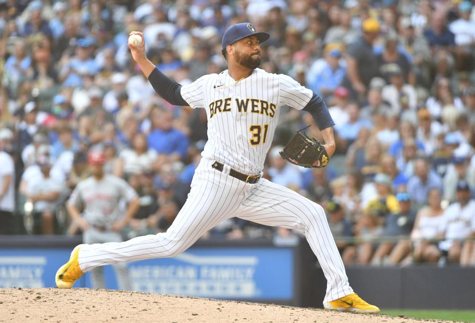 Brewers relief pitcher Joel Payamps capped off his stellar first-half of the season with a 1-2-3 eighth inning that included a pair of strikeouts against the Reds on Sunday, July 9. Payamps was traded to the Brewers in the offseason.