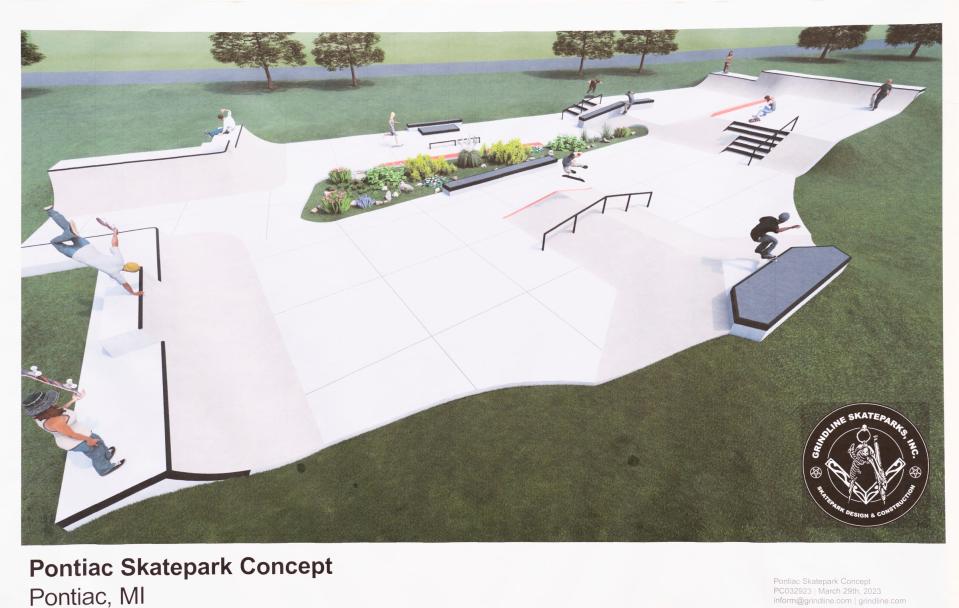 A rendering for a new skateboarding park sits on display during groundbreaking for the facility at Oakland Park in Pontiac on Friday, May 12, 2023. Mayor Tim Greimel said that, with the pandemic over, youngsters need positive ways to gather.