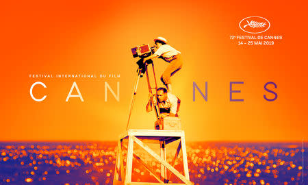 The official poster of the 72nd Cannes International Film Festival released by the Cannes Film Festival organization, Paris, France, April 15, 2019. Late director Agnes Varda is seen shooting her first film "La Pointe Courte" in the poster by graphic designer Flore Maquin. The Cannes Film Festival will run from May 14 to May 25, 2019. Copyright - Photo : La Pointe courte/1994 Agnes Varda et ses enfants - Montage & maquette : Flore Maquin/Handout via REUTERS