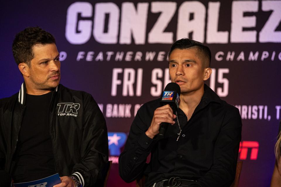 Joet Gonzalez, right, is interviewed by Mark Shunock on an upcoming fight during a Top Rank press conference at the American Bank Center on Wednesday, Sept. 13, 2023, in Corpus Christi, Texas.