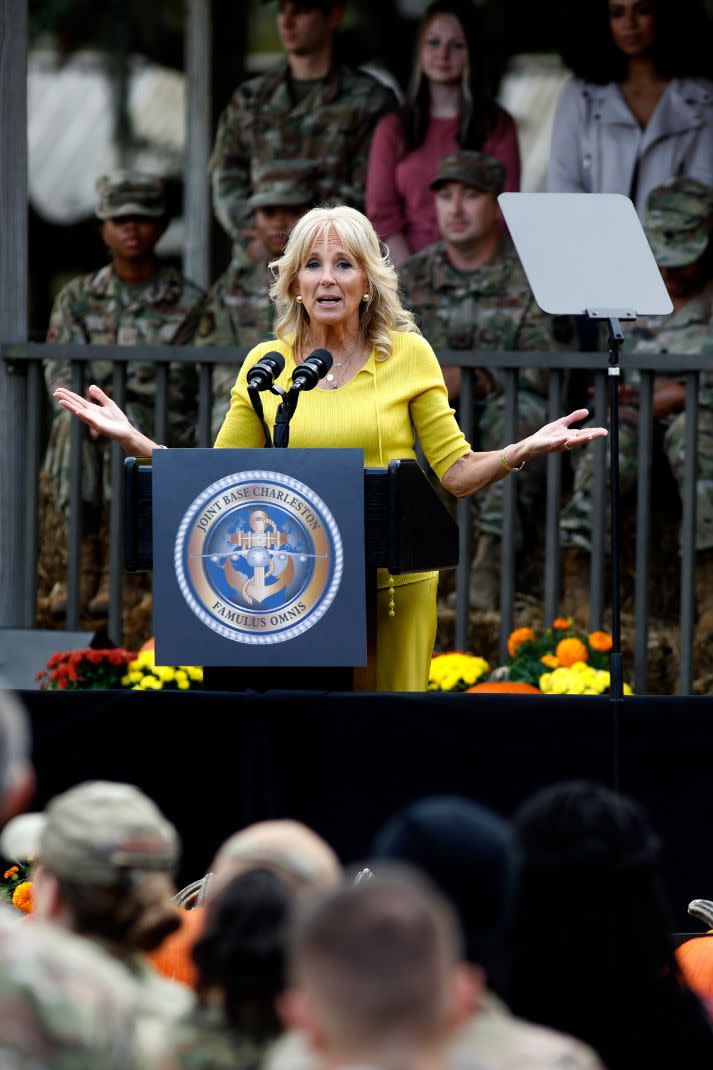 First lady Jill Biden speaks to military members at Joint Base Charleston in North Charleston, S.C., Monday, Oct. 25, 2021. - Credit: AP