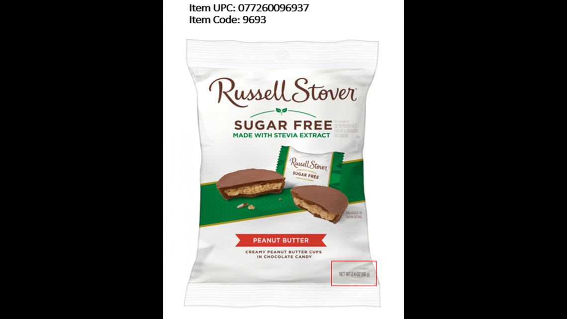 Two lots of 2.4-ounce bags of Russell Stover Sugar Free Peanut Butter Cups have been recalled