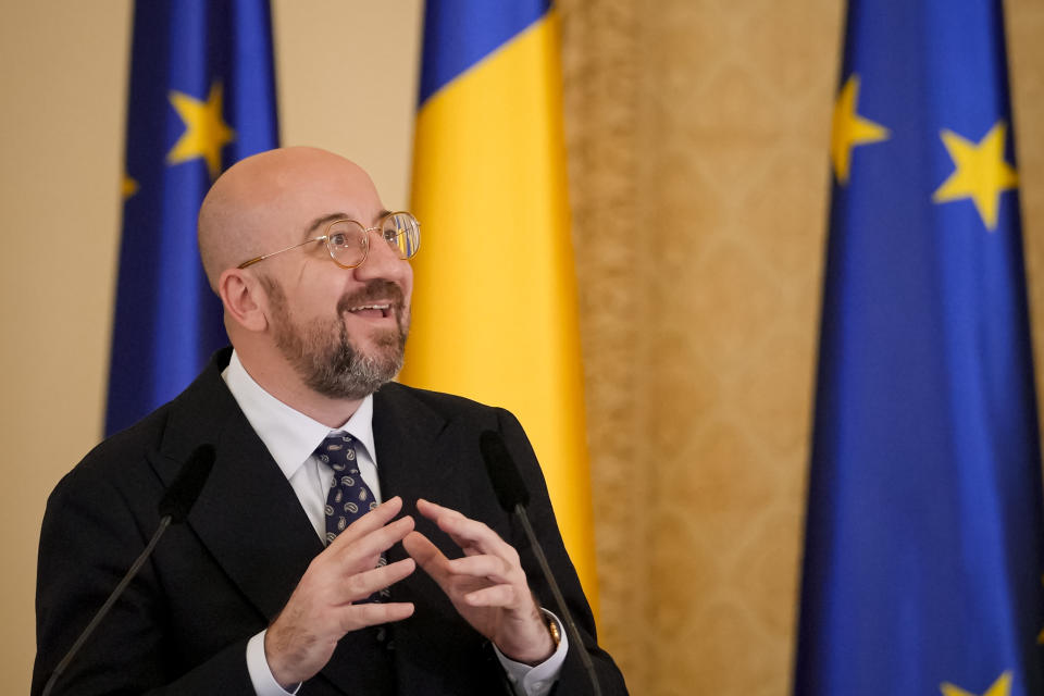 European Council President Charles Michel gestures during joint statements with Romanian President Klaus Iohannis at the Cotroceni Presidential Palace in Bucharest, Romania, Monday, March 27, 2023. (AP Photo/Andreea Alexandru)