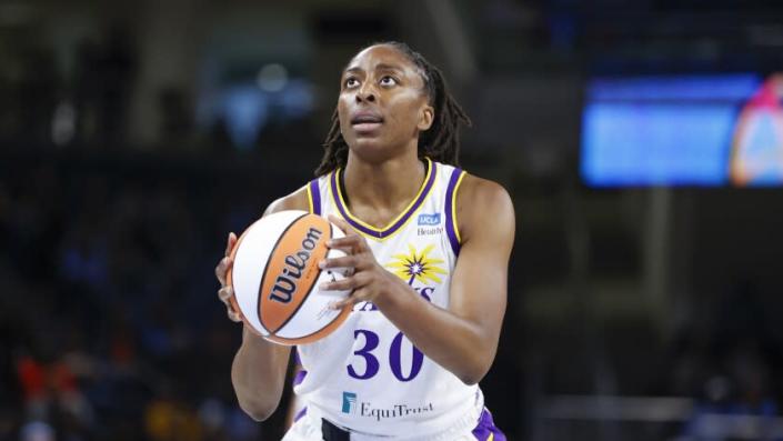 Los Angeles Sparks forward Nneka Ogwumike shoots a free throw against the Chicago Sky during the first half of the WNBA basketball game, Friday, May 6, 2022, in Chicago. (AP Photo/Kamil Krzaczynski)