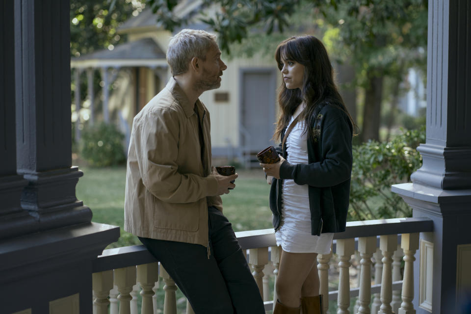 Martin Freeman as Jonathan Miller and Jenna Ortega as Cairo Sweet in Miller’s Girl. Photo Credit: Zac Popik