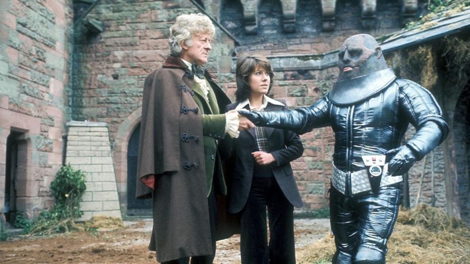 The Doctor and Sarah Jane confront a Sontaran in the historical story "The Time Warrior."