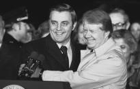 FILE - President Jimmy Carter embraces Vice President Walter Mondale on the South Lawn of the White House in Washington on Jan. 7, 1978, after Carter returned from a nine-day overseas trip. A new CNN Films documentary explores the role of the U.S. vice presidency, which in modern times has emerged into a more powerful position. Still, the film notes that a veep’s duties are all up to the president. (AP Photo/John Duricka, File)