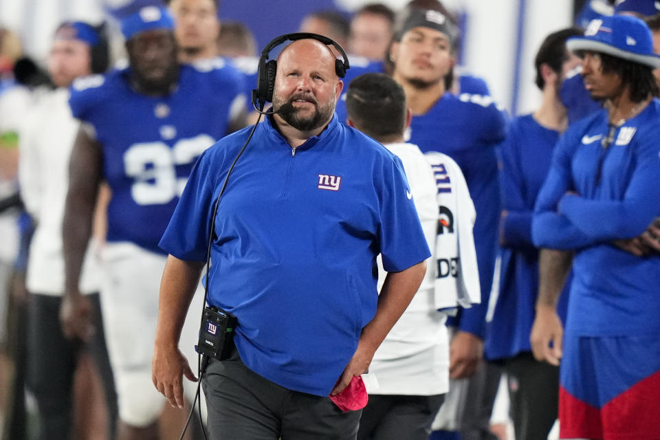 New York Giants head coach Brian Daboll walks the sidelines during the second half of an NFL preseason football game against the New York Jets, Saturday, Aug. 26, 2023, in East Rutherford, N.J. (AP Photo/Frank Franklin II)