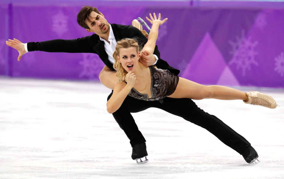 <p>Madison Hubbell and Zachary Donohue of the United States perform during the ice dance, free dance figure skating final in the Gangneung Ice Arena at the 2018 Winter Olympics in Gangneung, South Korea, Tuesday, Feb. 20, 2018. (AP Photo/Aaron Favila) </p>