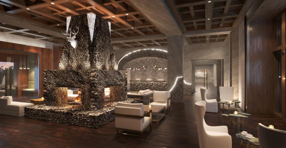 The lobby of the Grand Bohemian Hotel will feature a large stone fireplace.