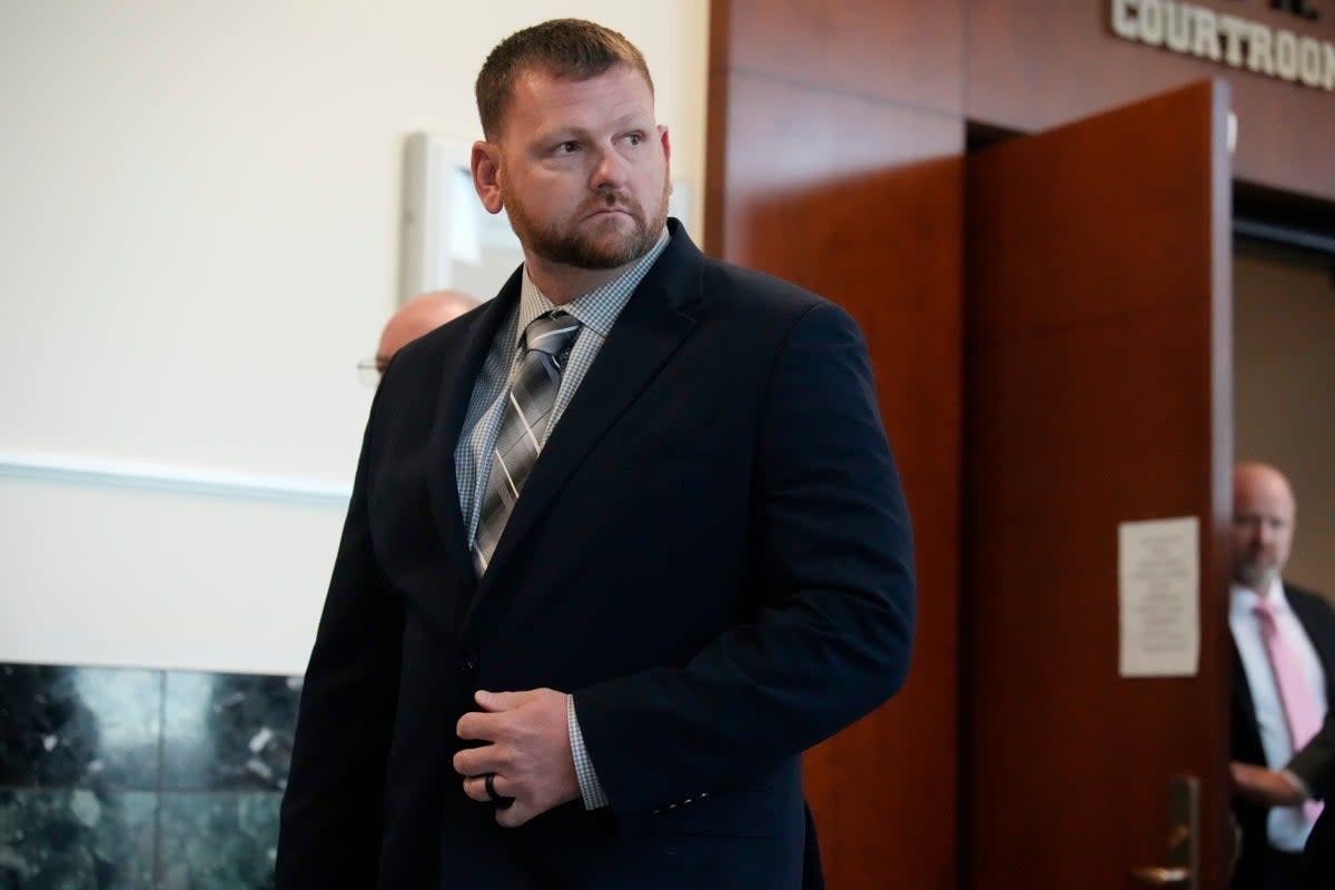 FILE - Former Aurora, Colo., Police Department officer Randy Roedema leaves the courtroom after being convicted of charges in the 2019 death of Elijah McClain during a trial in the Adams County, Colo., Courthouse, Oct. 12, 2023, in Brighton, Colo. The only police officer convicted of killing McClain faces anywhere from probation to several years behind bars when a judge decides his punishment Friday, Jan. 5, 2024. (AP Photo/David Zalubowski, File) (Copyright 2023 The Associated Press. All rights reserved.)