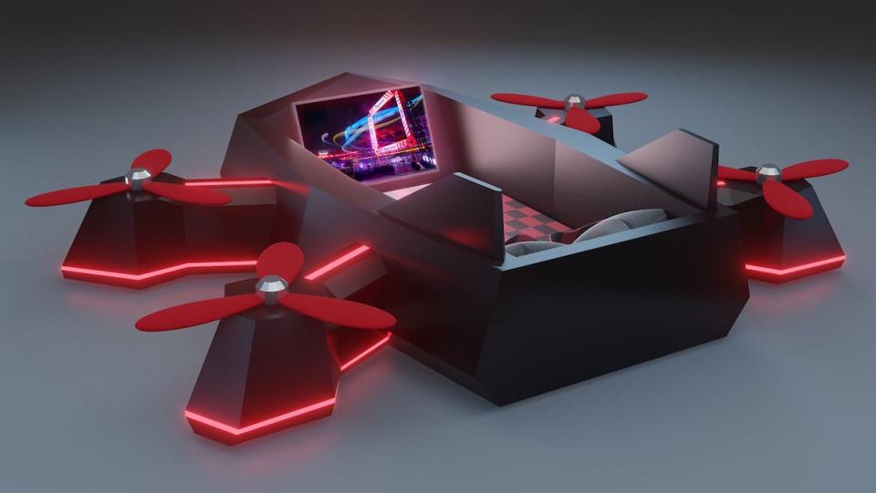 An LED-lit bed shaped like a drone with propellers seen from the back which shows a mounted TV at the foot