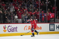 Washington Capitals right wing T.J. Oshie reacts after scoring a goal against the New York Rangers during the second period of an NHL hockey game, Saturday, Feb. 25, 2023, in Washington. (AP Photo/Julio Cortez)