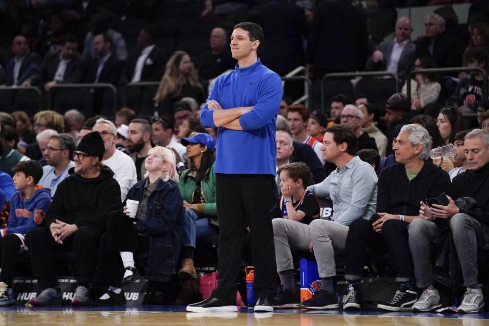 Oklahoma City Thunder head coach Mark Daigneault watches during the first half of an NBA basketball game against the New York Knicks, Nov. 13, 2022, in New York. The Thunder won 145-135. (AP Photo/Julia Nikhinson)