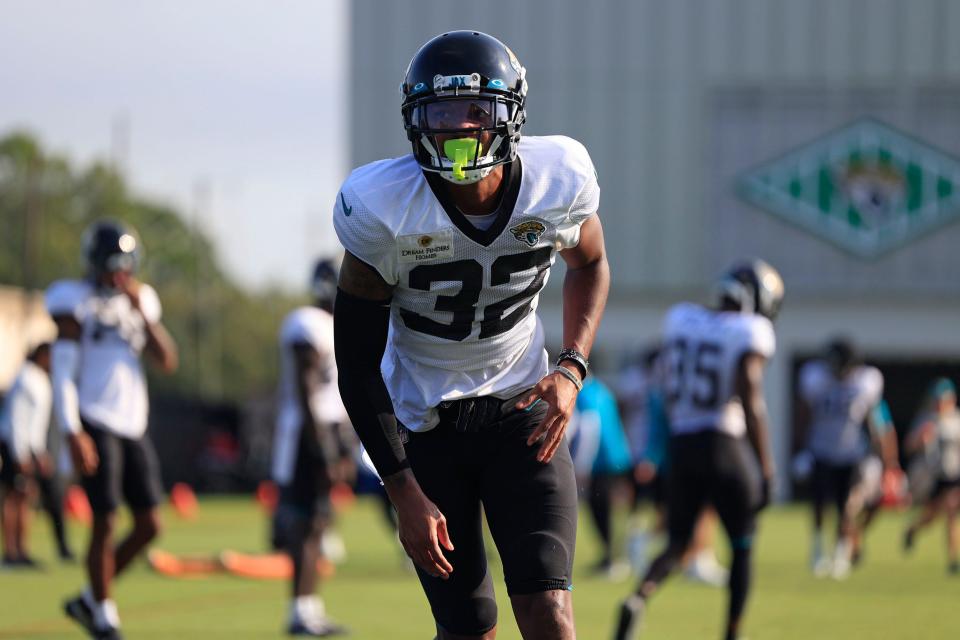 Jacksonville Jaguars cornerback Tyson Campbell (32) gets up from tackling drills Tuesday, Aug. 1, 2023 at Miller Electric Center at EverBank Stadium in Jacksonville, Fla. Today marked the first padded practice. 