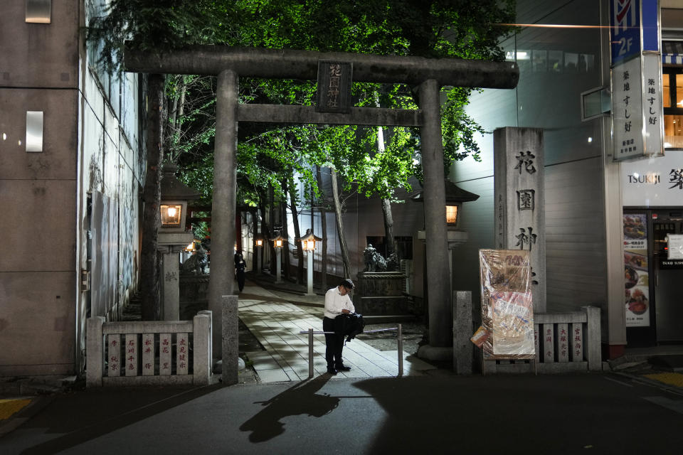 A torii gate stands at the entrance to a shrine ahead of the 2020 Summer Olympics on Wednesday, July 14, 2021, in Tokyo. (AP Photo/Jae C. Hong)