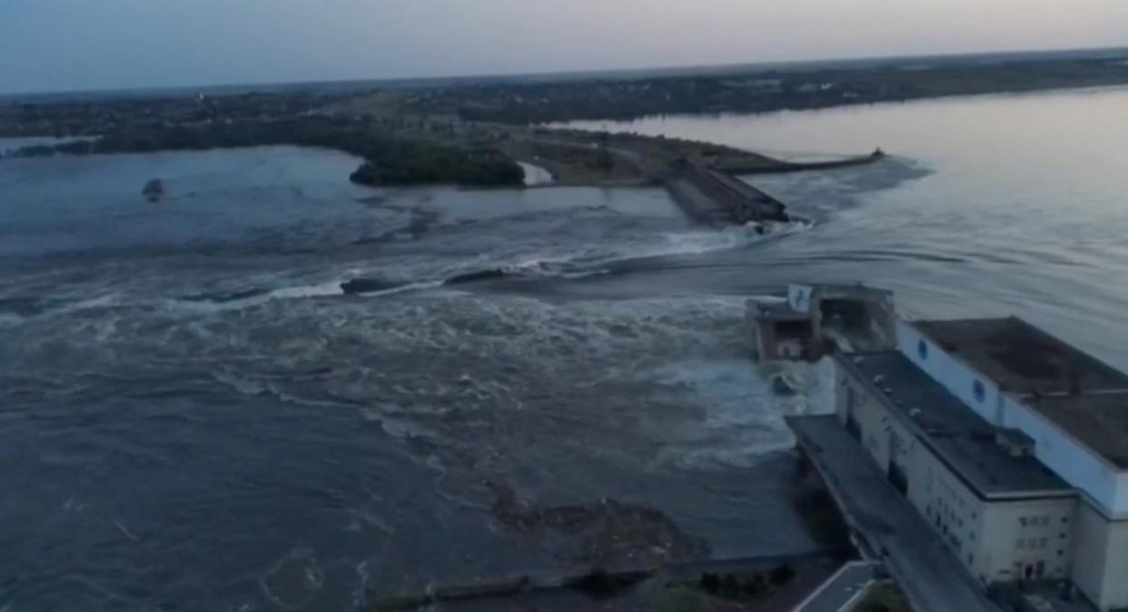 A general view of the Nova Kakhovka dam that was breached in Kherson region (via REUTERS)