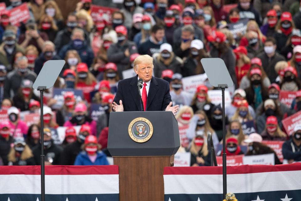 U.S. President Donald Trump speaks during a campaign rally on October 25, 2020 in Londonderry, New Hampshire. President Trump continues to campaign ahead of the November 3rd presidential election. (Photo by Scott Eisen/Getty Images)