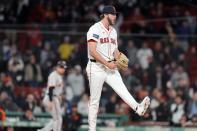 Boston Red Sox closer Justin Slaten reacts after striking out San Francisco Giants' Patrick Bailey to end the baseball game during the ninth inning, Tuesday, April 30, 2024, in Boston. (AP Photo/Michael Dwyer)
