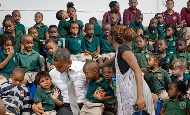 During his 2012 campaign, President Obama surprised students in Delray Beach, Fla., with an unscheduled stop to take a photo with the kids. But perhaps the biggest surprise of this photo op was the kissing pair in the back row photobombing the president. (@BarackObama/Twitter)