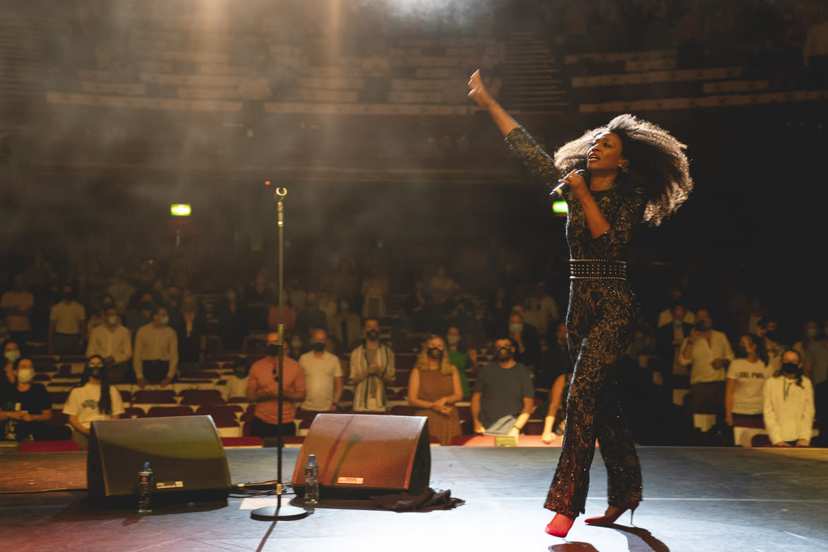 A socially distant audience watched Beverley Knight perform at the Palladium on Thursday evening in one of the first post-lockdown theatre shows in the UK (PA)