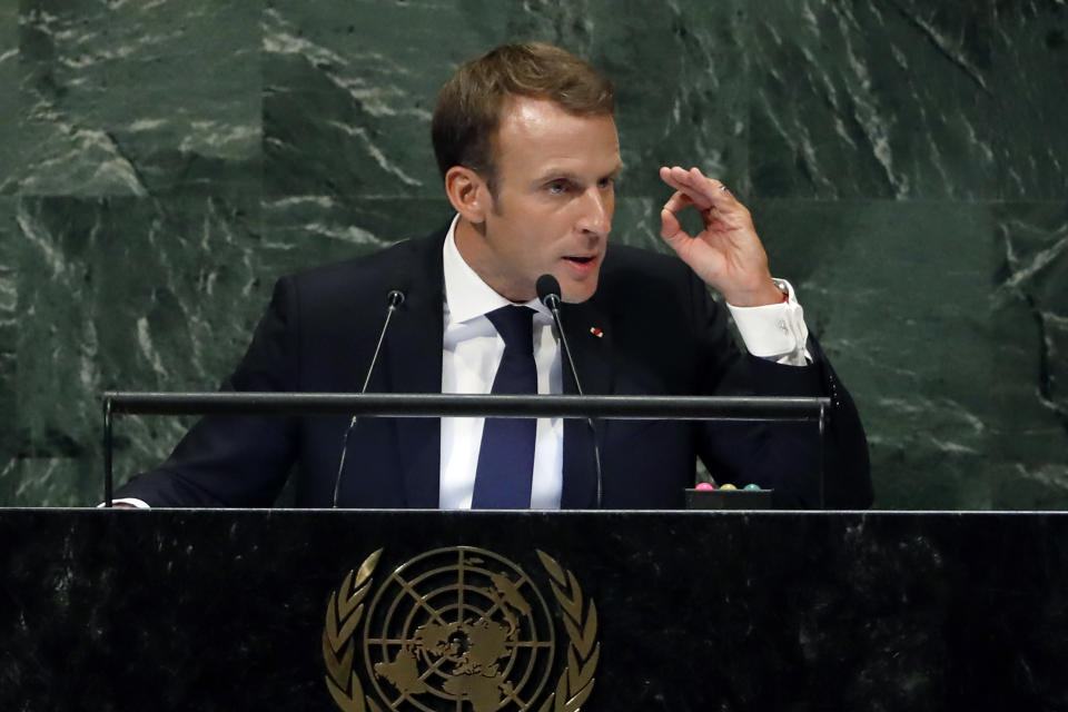 France's President Emmanuel Macron addresses the 73rd session of the United Nations General Assembly, at U.N. headquarters, Tuesday, Sept. 25, 2018. (AP Photo/Richard Drew)