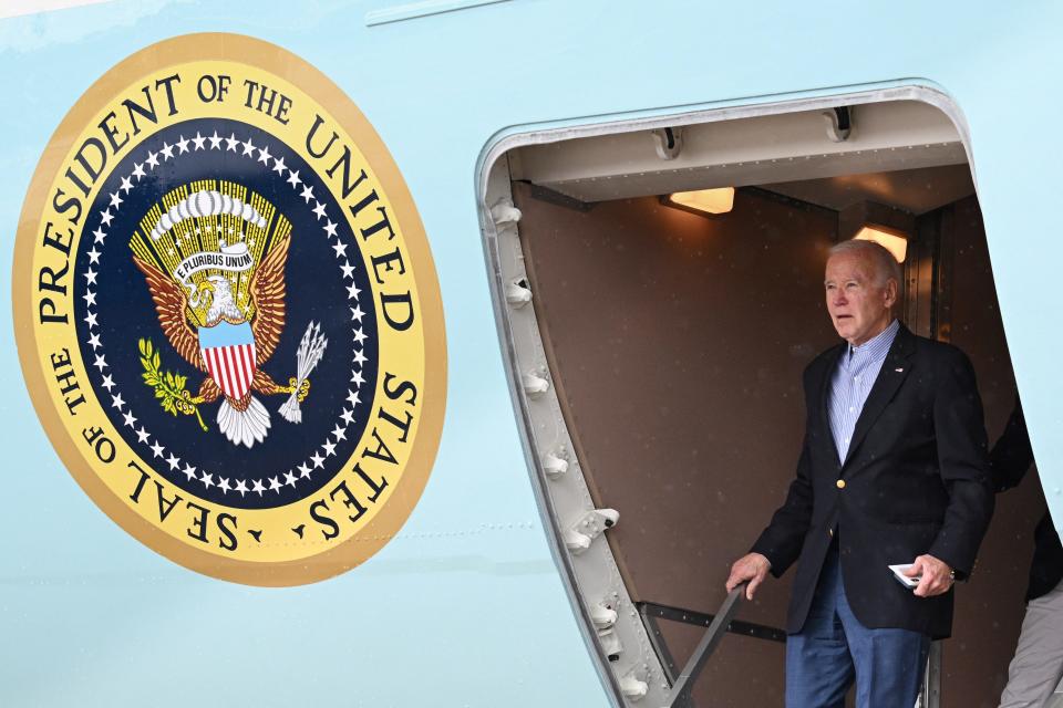 US President Joe Biden steps off Air Force One upon arrival at Henry E. Rohlsen Airport in Christiansted, Saint Croix, on the US Virgin Islands, on December 27, 2023.