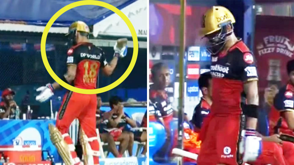 Virat Kohli (pictured) wielding his bat and hitting a chair after his wicket in the Indian Premier League.